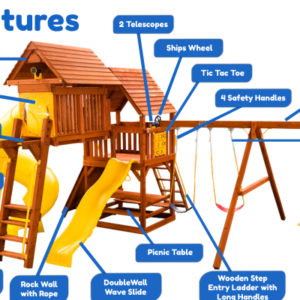 Parrot Island Fort w/ Wood Roof, 4x6 Monkey Bars, Loft, Yellow Wave Slide and Yellow Spiral Slide - Image 2