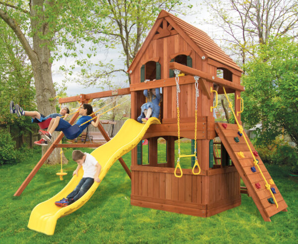 Parrot Island Fort w/ Wood Roof, Treehouse Panels, Playhouse Panels and Yellow Wave Slide