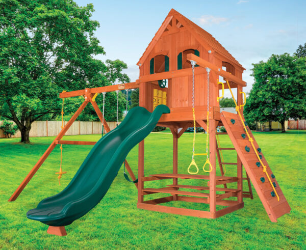 Parrot Island Fort XL w/ Wood Roof, Treehouse Panels and Green Wacky Wave Slide