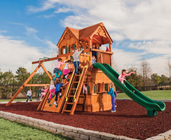 6.5 MegaDeck Fort w/ Wood Roof, Treehouse Panels, Playhouse Panels and Green DoubleWall Scoop Slide