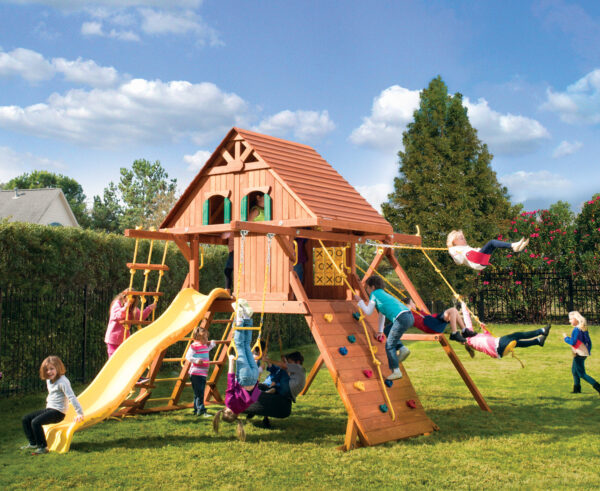 Parrot Island Playcenter w/ Wood Roof, Treehouse Panels and Yellow Wave Slide