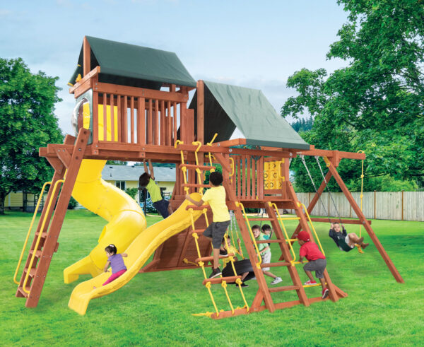 Parrot Island Playcenter w/ Green Tarp, 4x6 Monkey Bars, Loft, Yellow Wave Slide and Yellow Spiral Slide