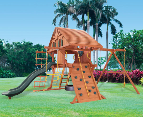 5.8 Jaguar Playcenter w/ Wood Roof, Treehouse Panels and Green Wacky Wave Slide