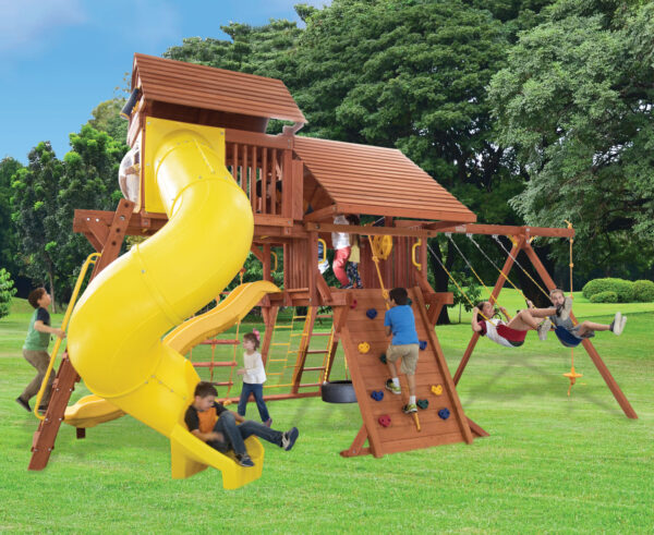 5.8 Jaguar Playcenter w/ Wood Roof, 4x6 Monkey Bars, Loft, Yellow Wacky Wave Slide and Yellow Spiral Slide