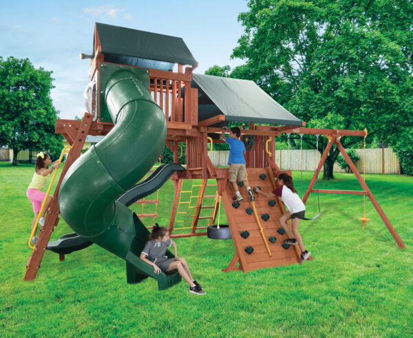 5.8 Jaguar Playcenter w/Green Tarp, 4x6 Monkey Bars, Loft, Green Wacky Wave Slide and Green Spiral Slide