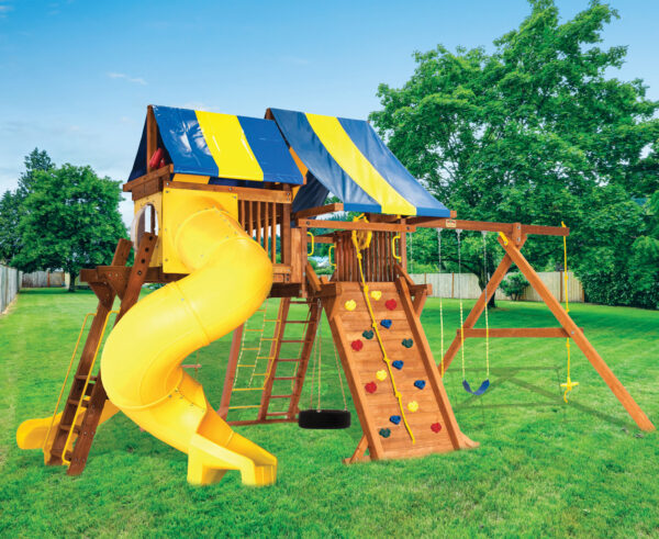 6.5 Jaguar Playcenter w/ BYB Tarp, 4x6 Monkey Bars, Loft, Yellow DoubleWall Scoop Slide and Yellow Spiral Slide