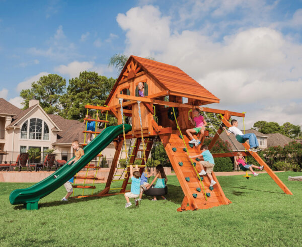 6.5 Jaguar Playcenter w/ Wood Roof, Treehouse Panels and Green DoubleWall Scoop Slide