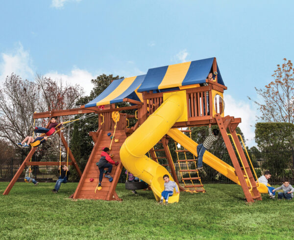 7.4 Jaguar Playcenter w/ BYB Tarp, 4x6 Monkey Bars, Loft, Yellow DoubleWall Scoop Slide and Yellow Spiral Slide