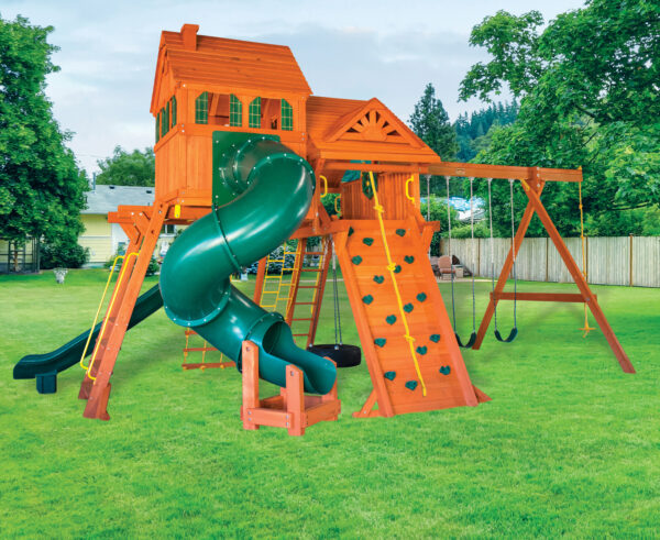 7.4 Jaguar MegaSized Playcenter w/Wood Roof, Dormer, 4x6 Monkey Bars, Cabin, Green DoubleWall Scoop Slide and Green Deluxe Spiral Slide